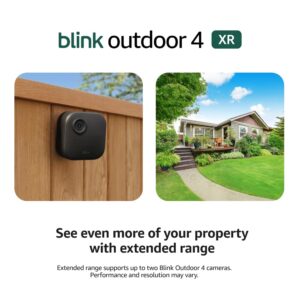 Blink Outdoor 4 XR. Cámara inalámbrica con batería de dos años, cobertura 4 veces mayor, alcance de 1000 pies (304 m) en espacio abierto o 400 pies (121 m), típico. Sistema de 4 cámaras.