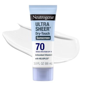 Neutrogena Ultra Sheer Dry Touch - Protector solar SPF 70, amplio espectro, resistente al agua de 80 minutos, sin aceite, sin oxibenzona, no comedogénico, acabado mate, protector solar | Amplio espectro para protección UVA/UVB, ligero, resistente al agua hasta 80 minutos, sin oxibenzona